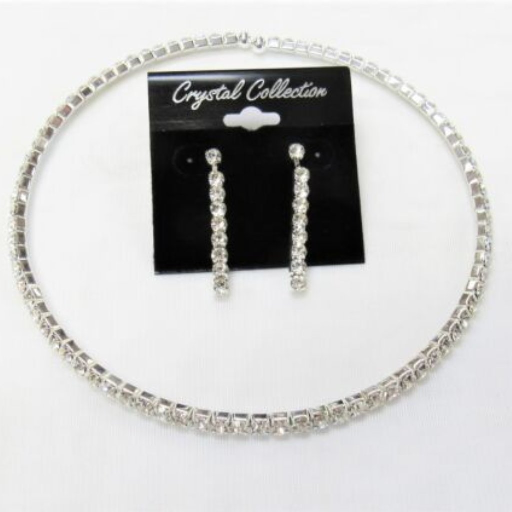 Silver Clear Rhinestone Crystal Flexible Choker Necklace Set Wedding Bridal New